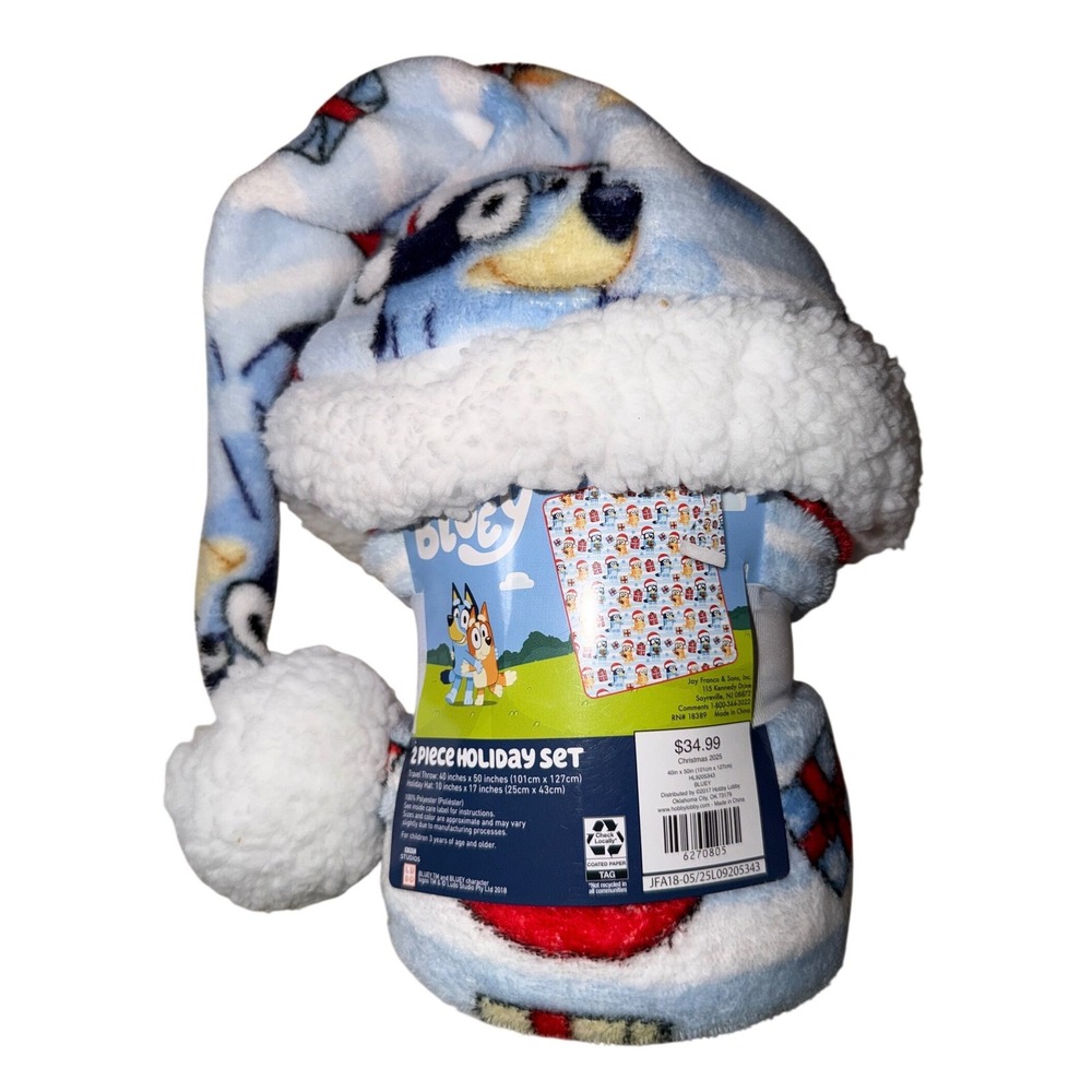 Bluey 2 Piece Holiday Set Travel‎ Throw Blanket and Santa Hat Christmas New